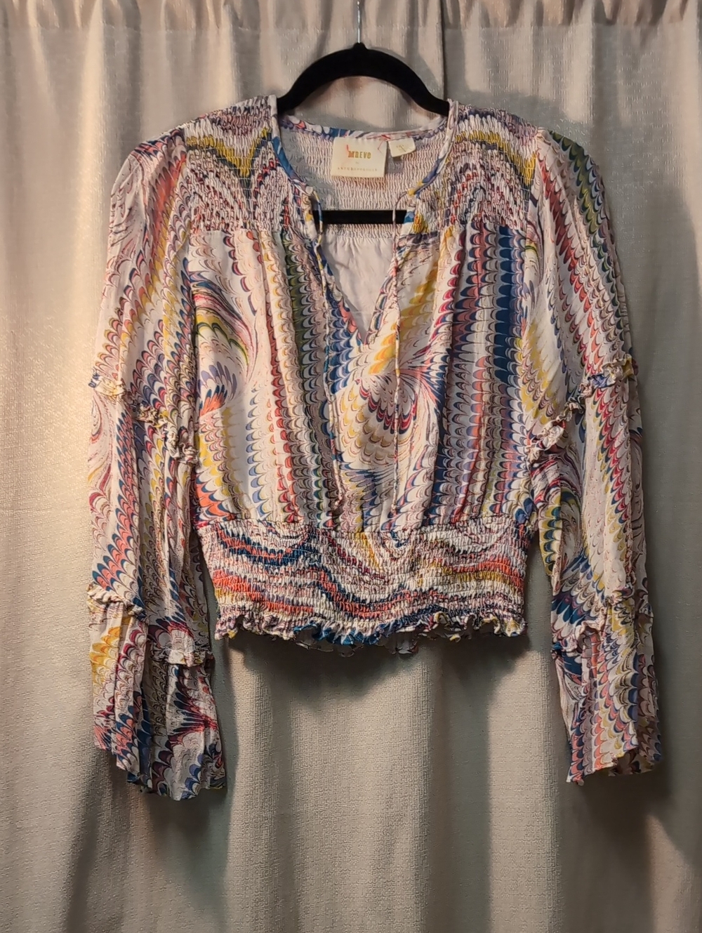 Maeve Anthropologie | Abstract Wavy Print Smocked Bell Sleeve Blouse
